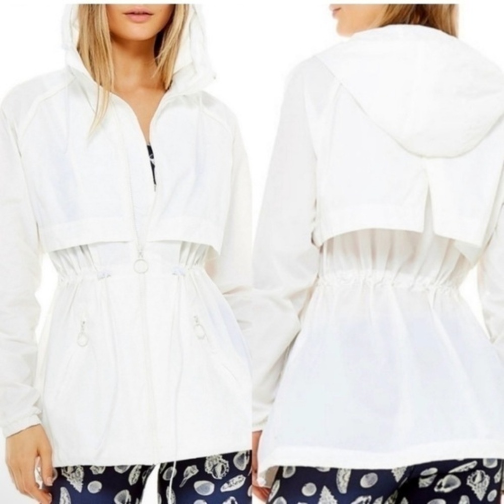 The Upside White Hooded Windbreaker Jacket with Drawstring Waist Logo Detail